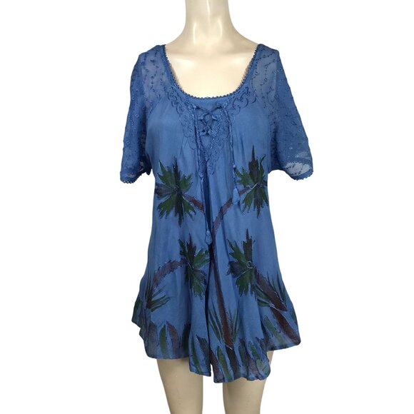 SAKKAS - WOMEN'S FREE SIZE - BLUE SHORT SLEEVE TIE DYE BOHO 100% COTTON SHIRT - Picture 1 of 9
